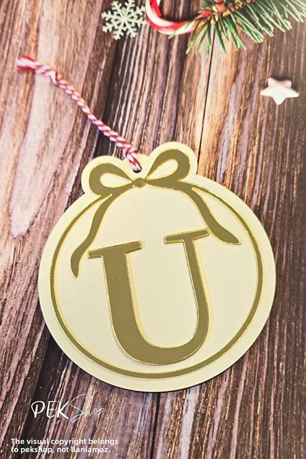 Initial Letter Round Model Bow Christmas Tree Ornament - Gold Initial Letter and Bow Design New Year Ornament