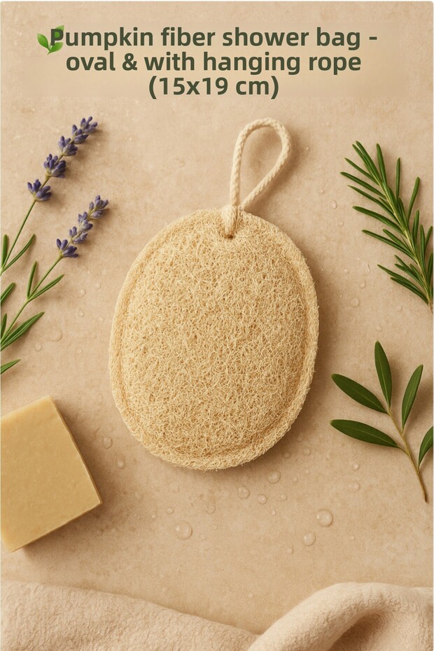 Pumpkin Fiber Shower Bag – Oval & Hanging Rope (15X19 cm)