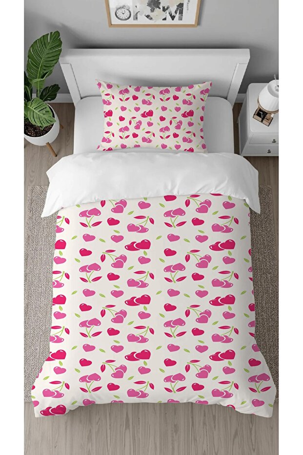 Cherry Cherry Heart Love Fruit Pink Patterned Printed Specially Designed Single Duvet Cover Set Without Sheets