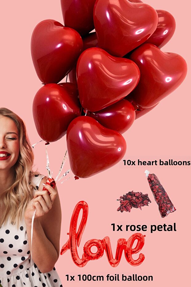 10 Heart Balloons Love Written Balloons Dry Rose Petals Valentine's Day