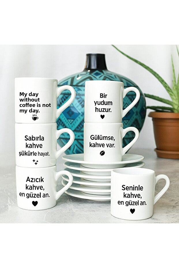 6-Piece Porcelain Coffee Cup Set with Coffee Quotes Written on It – Fun and Stylish Gift Set