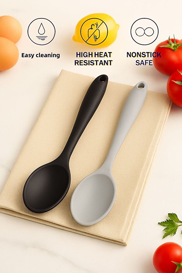 Set of 2 Silicone Spoons, 20cm Short Deep Serving Spoon, Hard Tip, Heat Resistant Black Gray