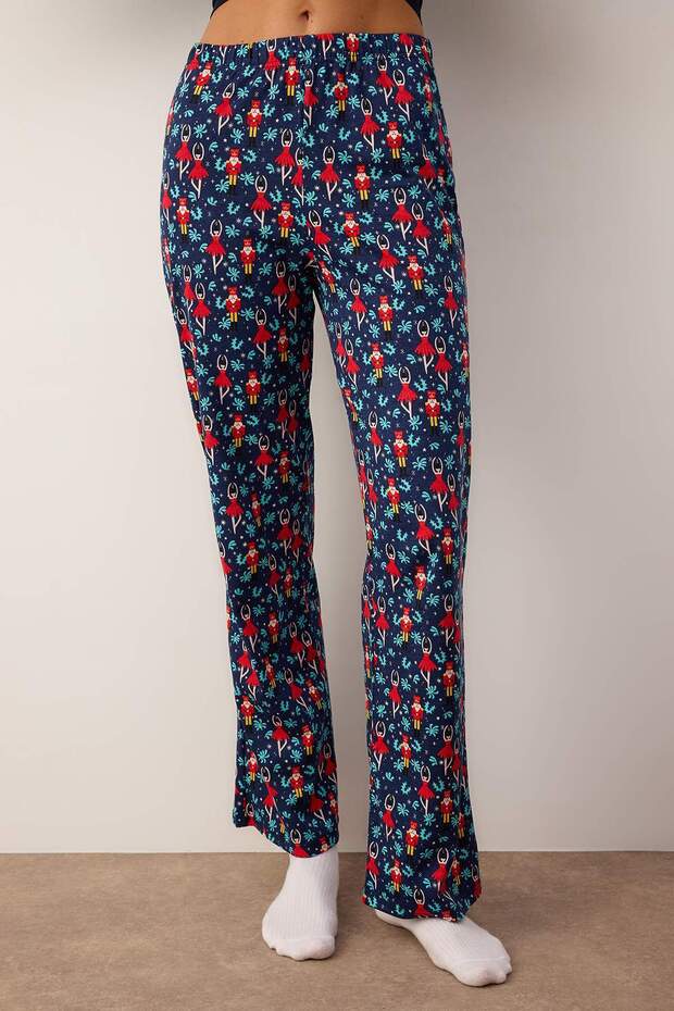 Lacivert %100 Pamuklu Yılbaşı Temalı Örme Pijama Takımı THMAW23PT00318 - 3
