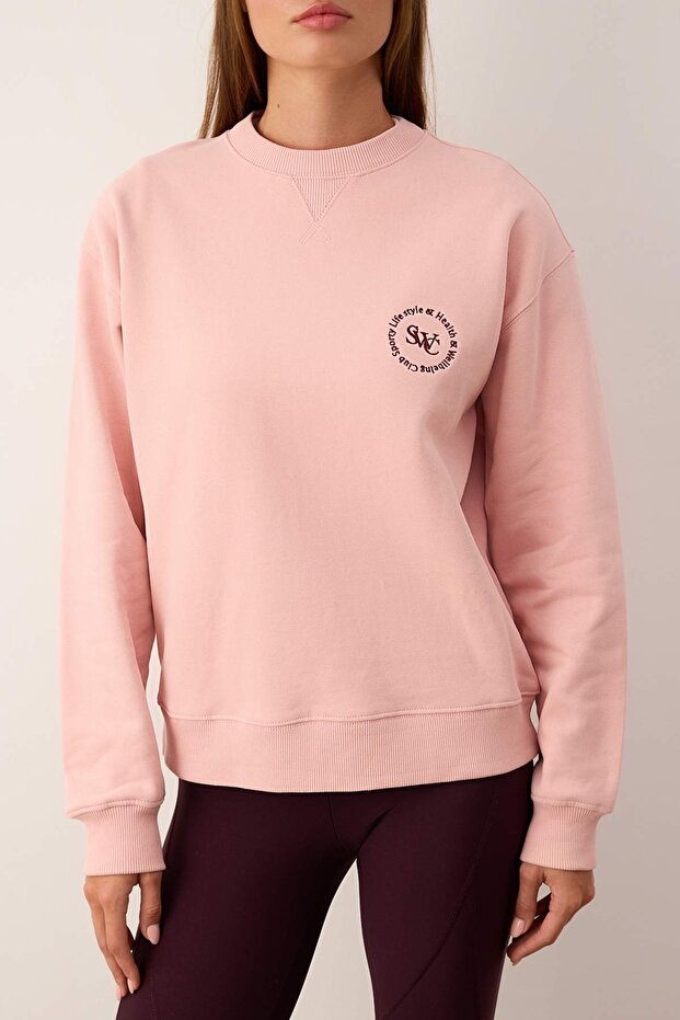 Açık Gül Kurusu Oversize Kalıp Nakışlı Kalın İçi Polarlı Örme Sweatshirt TWOAW26SW00203 - 3