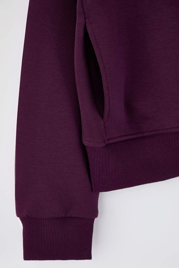 Mor Regular Fit Dökümlü Kumaş Önü Fermuarlı Büyük Beden Sweatshirt TBBAW26AO00031 - 6
