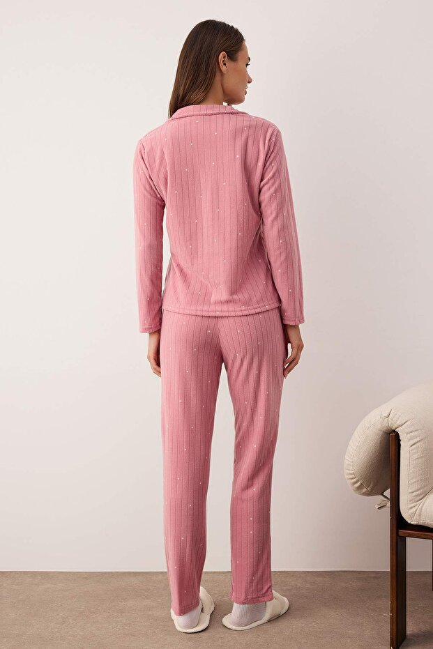 Gül Kurusu Puantiyeli Hayvan Baskılı Polar Kışlık Örme Pijama Takımı THMAW24PT00176 - 4