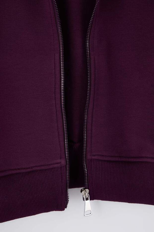 Mor Regular Fit Dökümlü Kumaş Önü Fermuarlı Büyük Beden Sweatshirt TBBAW26AO00031 - 8