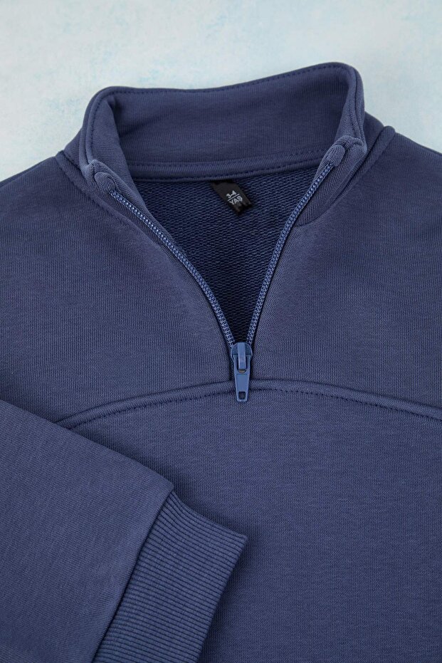 Indigo Pamuklu Düz Dik Yaka Oversize Unisex Çocuk Örme Alt - Üst Takım TKDAW26AU00025 - 4