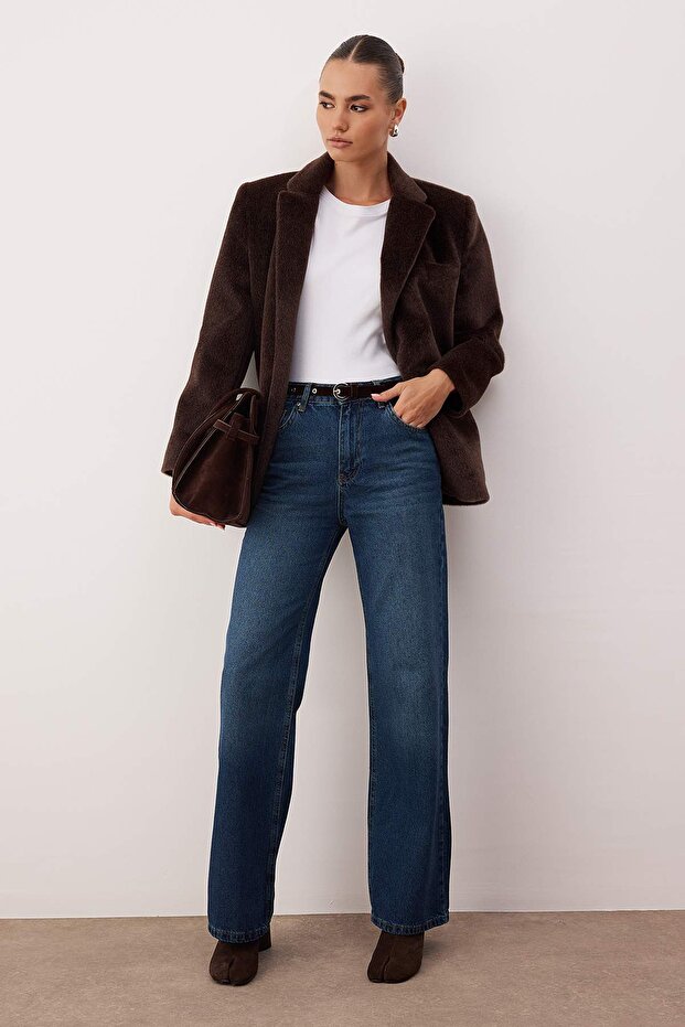 Koyu Mavi Kemerli Yüksek Bel Wide Leg Jeans TWOAW26JE00253 - 2