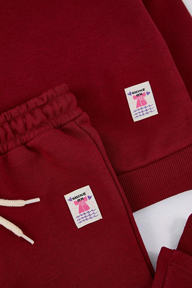 Bordo Pamuklu Düz Bisiklet Yaka Oversize Kız Çocuk Örme Alt - Üst Takım TKDAW26AU00014 - 3