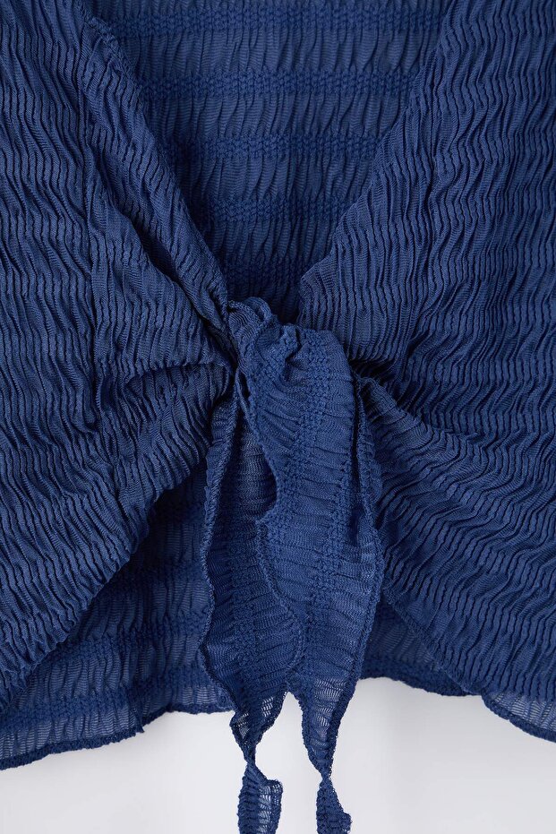 Indigo Gofre Dokulu Kumaş Crop Boy Örme Büyük Beden Bluz TBBAW26AF00082 - 7