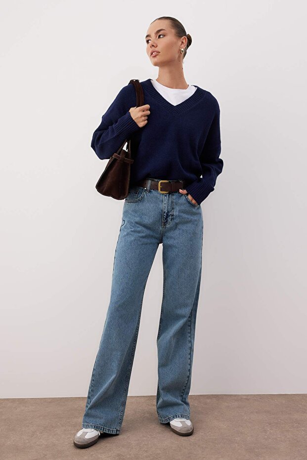 Mavi Kemerli Yüksek Bel Wide Leg Jeans TWOAW26JE00274 - 1