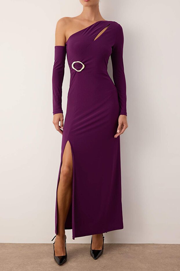 Mürdüm Cut Out ve Aksesuar Detaylı Örme Maxi Abiye & Mezuniyet Elbisesi TPRAW26AE00012 - 3