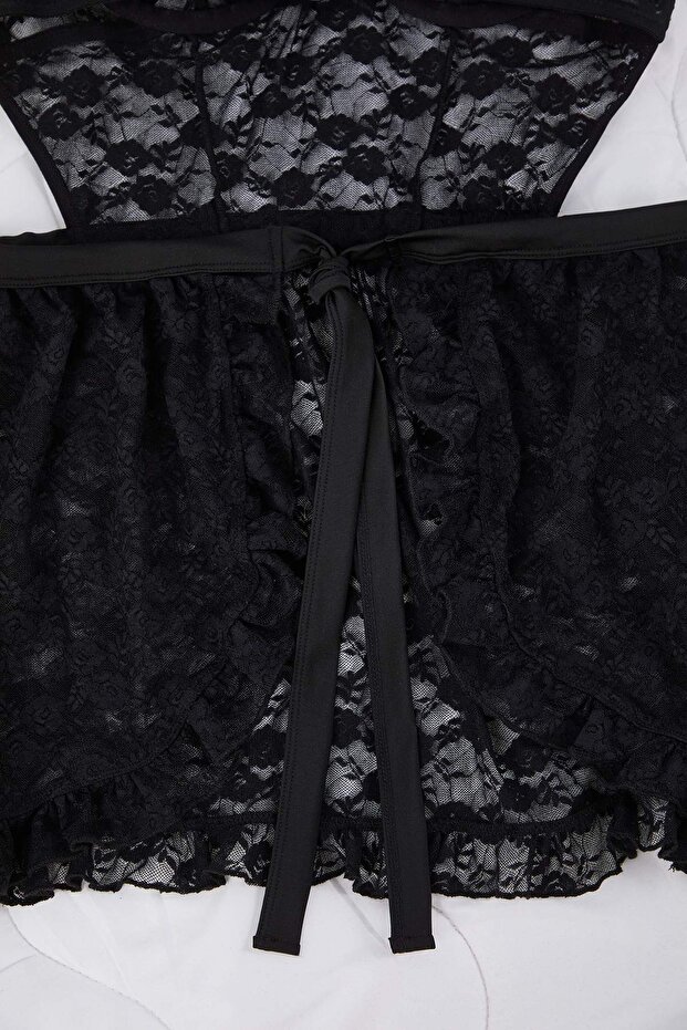 Siyah Kapsız Balenli Dantelli Büyük Beden Fantezi Babydoll TBBAW26DH00001 - 5