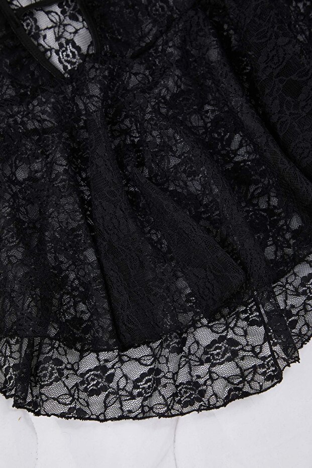 Siyah Pencere/Cut Out Detaylı Külotlu Dantelli Kapsız Örme Babydoll/Fantezi Gecelik TBBAW26DH00002 - 5
