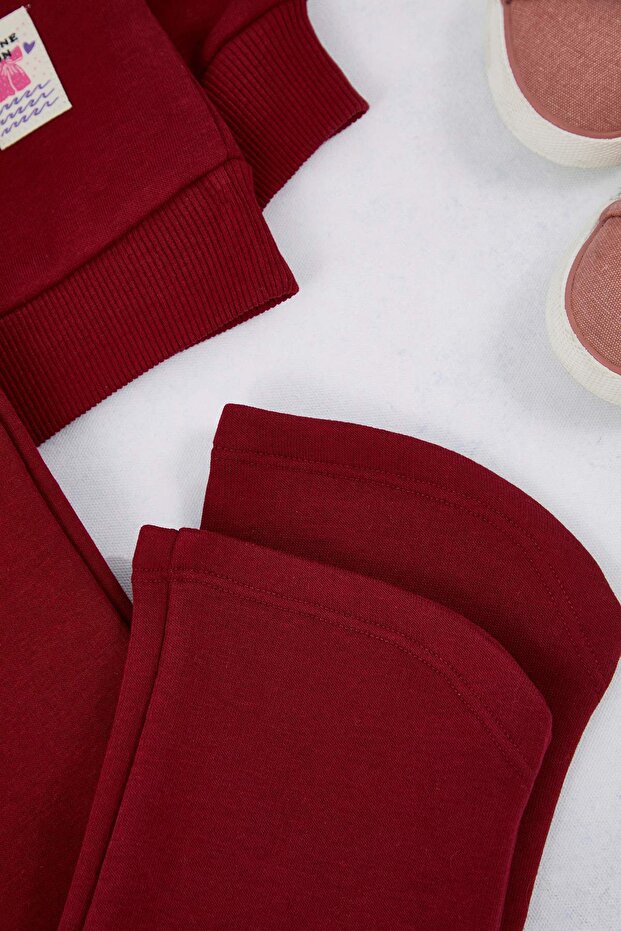 Bordo Pamuklu Düz Bisiklet Yaka Oversize Kız Çocuk Örme Alt - Üst Takım TKDAW26AU00014 - 4