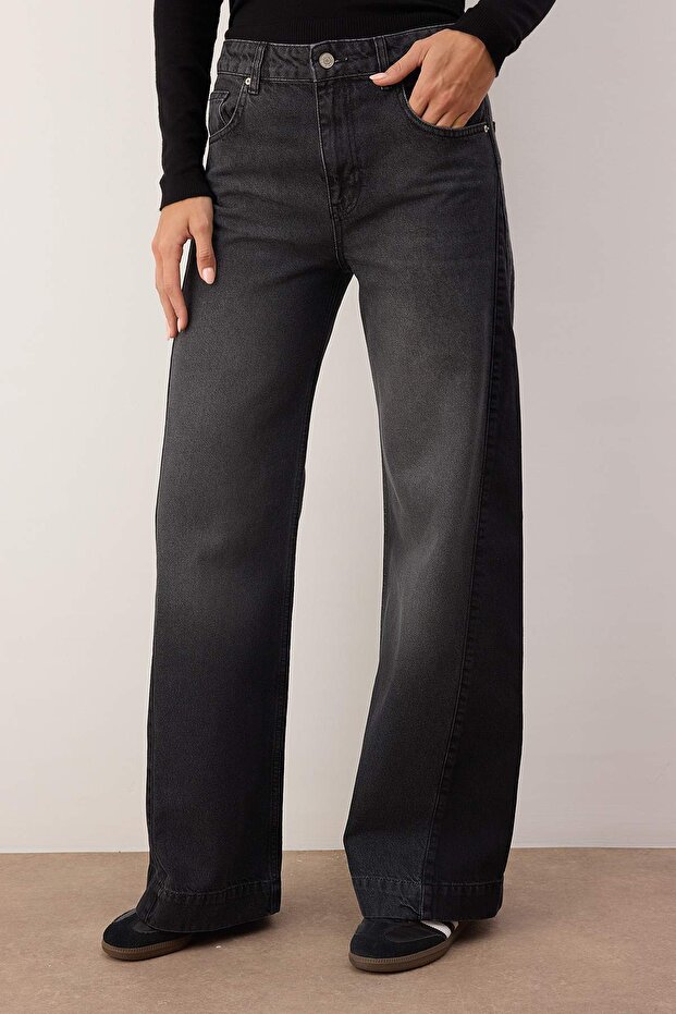 Antrasit Yüksek Bel Renk Bloklu Wide Leg Jeans TWOAW26JE00099 - 3