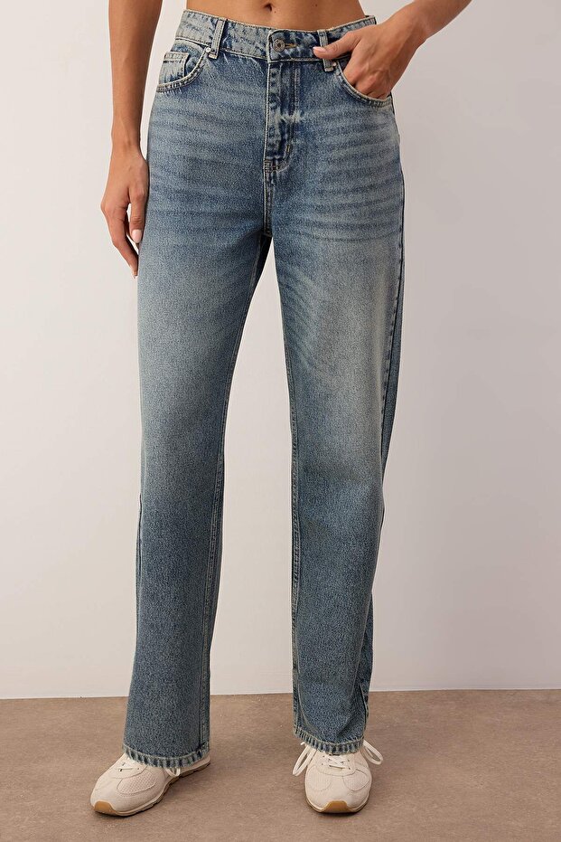 Mavi Yüksek Bel YENİ MOM %100 Pamuk Non-Stretch Jeans TWOAW26JE00273 - 3