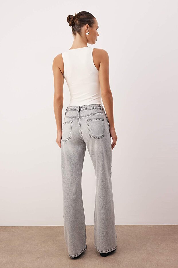 Gri Aksesuar Detaylı Normal Bel Wide Leg Jeans TWOAW26JE00262 - 4