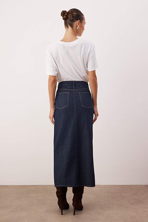 Koyu Mavi Yırtmaçlı Maxi Denim Etek TWOAW26ET00144 - 5