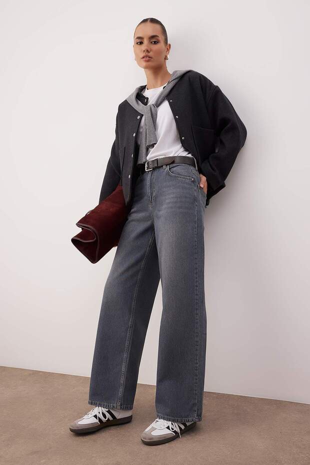 Gri Yüksek Bel Baggy Wide Leg Rahat Geniş Paça %100 Pamuklu Jeans TWOAW26JE00239 - 2