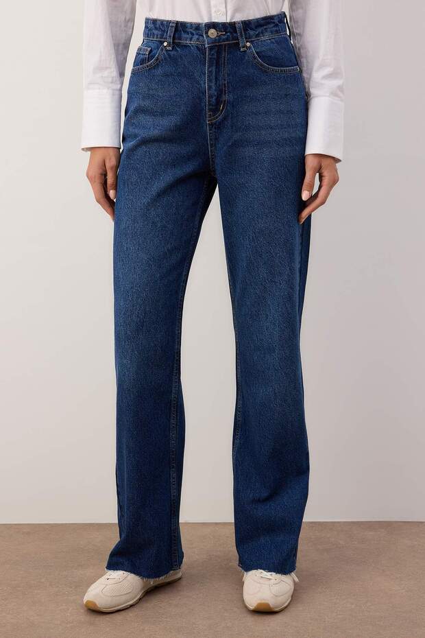 Koyu Mavi Fular Detaylı Paçası Kesikli Yüksek Bel Wide Leg Jeans TWOAW26JE00286 - 4