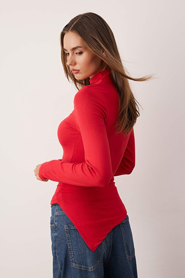 Kırmızı Fitted Büzgü/Drape Detaylı Dik Yaka Örme Bluz TWOAW25BZ00145 - 2