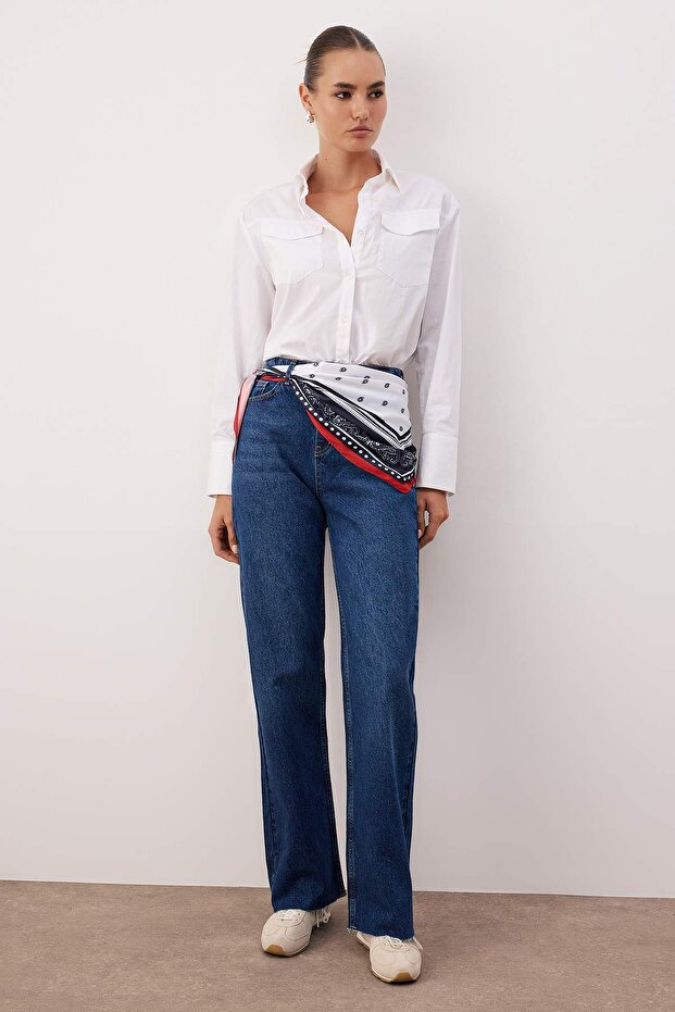 Koyu Mavi Fular Detaylı Paçası Kesikli Yüksek Bel Wide Leg Jeans TWOAW26JE00286 - 1