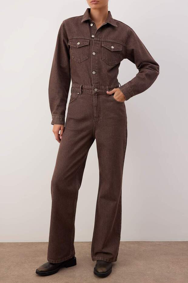 Kahverengi Gömlek Yaka Düğmeli Cepli Denim Tulum TWOAW26TU00012 - 3