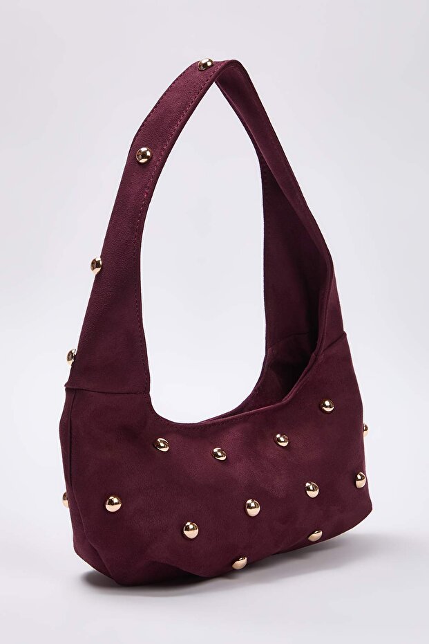 Bordo Süet Rose Trok Taşlı Kadın Oval Orta Boy El Ve Omuz Çanta TAKSS25OC00059 - 4