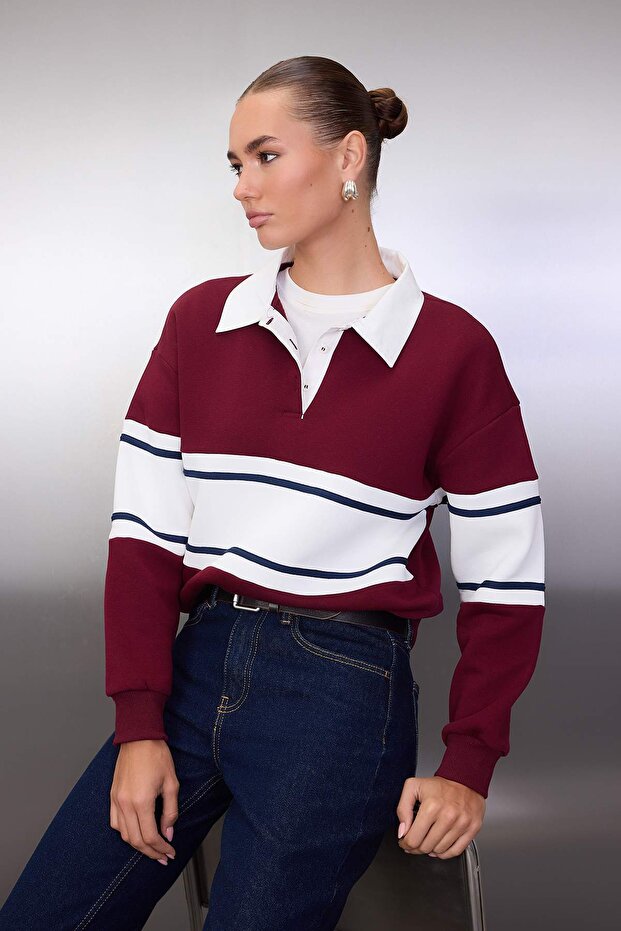 Bordo Renk Bloklu Polo Yaka Oversize/Geniş Kalıp Örme Sweatshirt TWOAW26SW00119