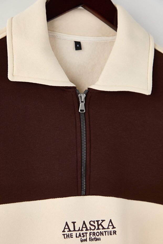 Kahverengi-Bej Oversize/Geniş Kesim Renk Bloklu İçi Polar/Sıcak Tutan Sweatshirt TMNAW24SW00130 - 6