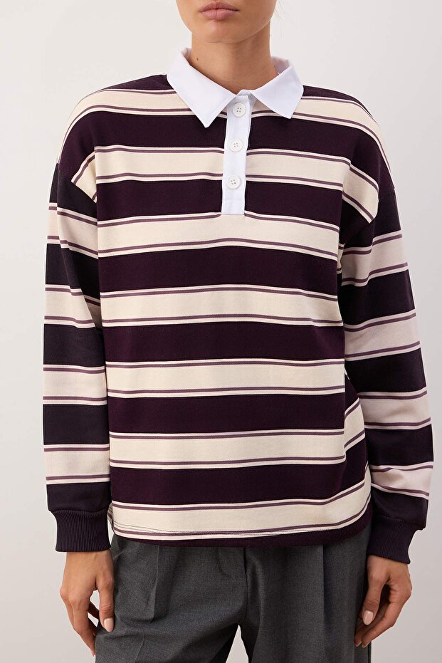 Çok Renkli Çizigli Polo Yaka Oversize/Geniş Kalıp Örme Sweatshirt TWOAW26SW00245 - 3