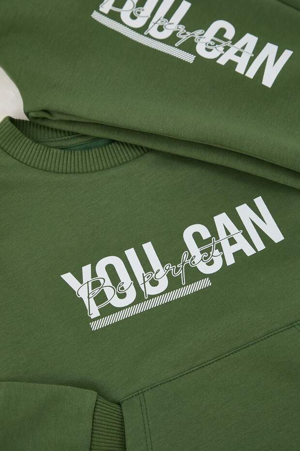 Yeşil Slogan Baskılı Örme Erkek Çocuk Sweatshirt ve Eşofman Alt-Üst Takım TKDAW25AU00149 - 4