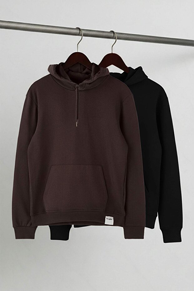 Siyah-Kahverengi 2'li Paket Kapüşonlu Regular Kesim İçi Polarlı Sweatshirt TMNAW24SW00000 - 8