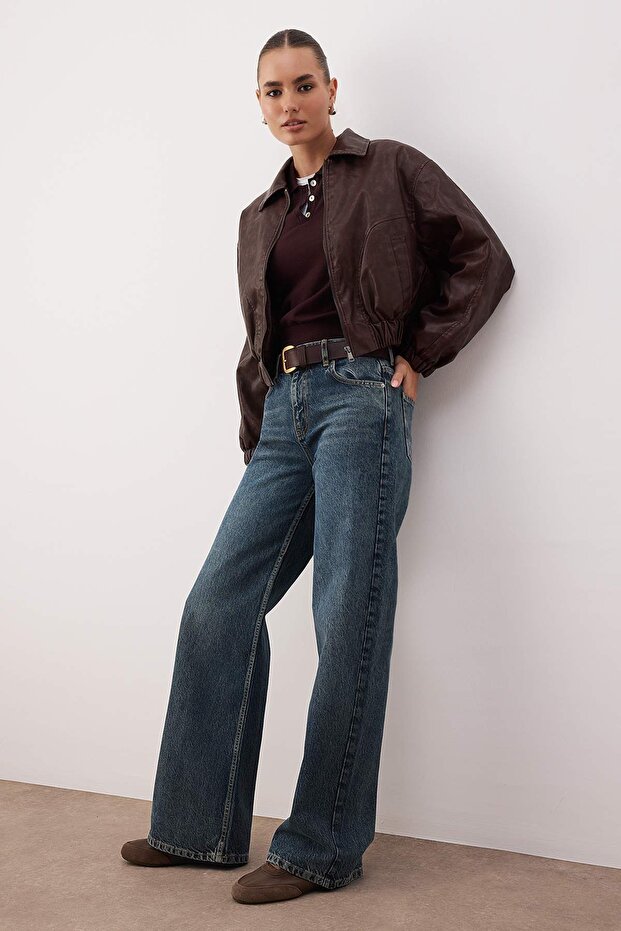 Koyu Mavi Yüksek Bel Wide Leg Palazzo Jeans TWOAW26JE00251 - 2
