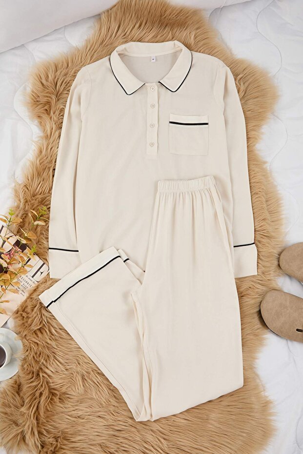 Ekru Biyeli Viskon Dokuma Pijama Takımı THMAW26PT00145 - 5