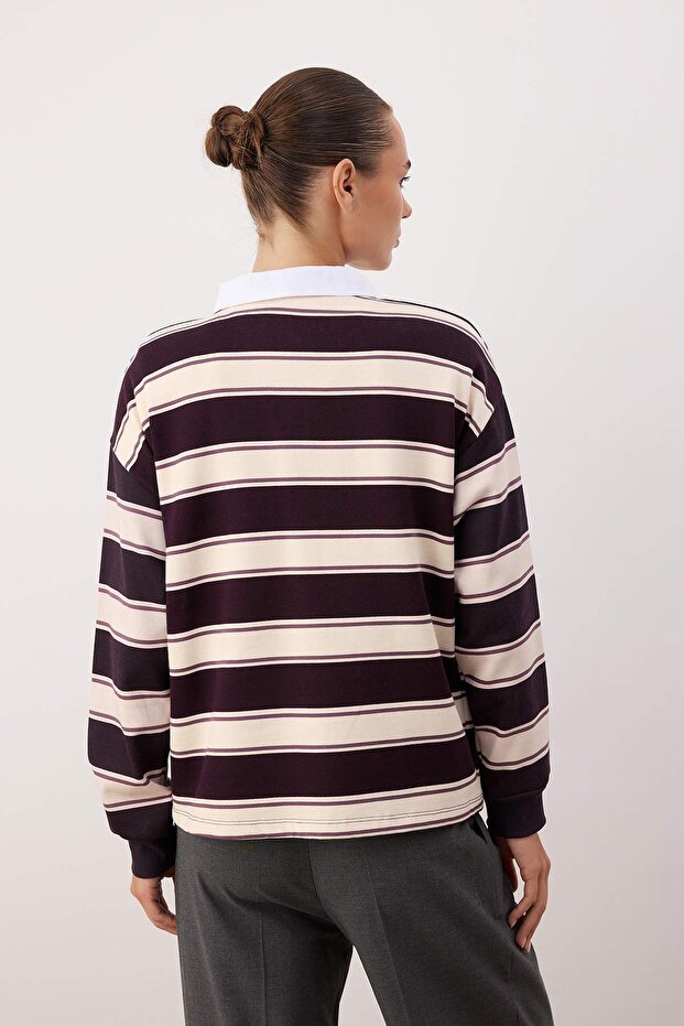 Çok Renkli Çizigli Polo Yaka Oversize/Geniş Kalıp Örme Sweatshirt TWOAW26SW00245 - 4