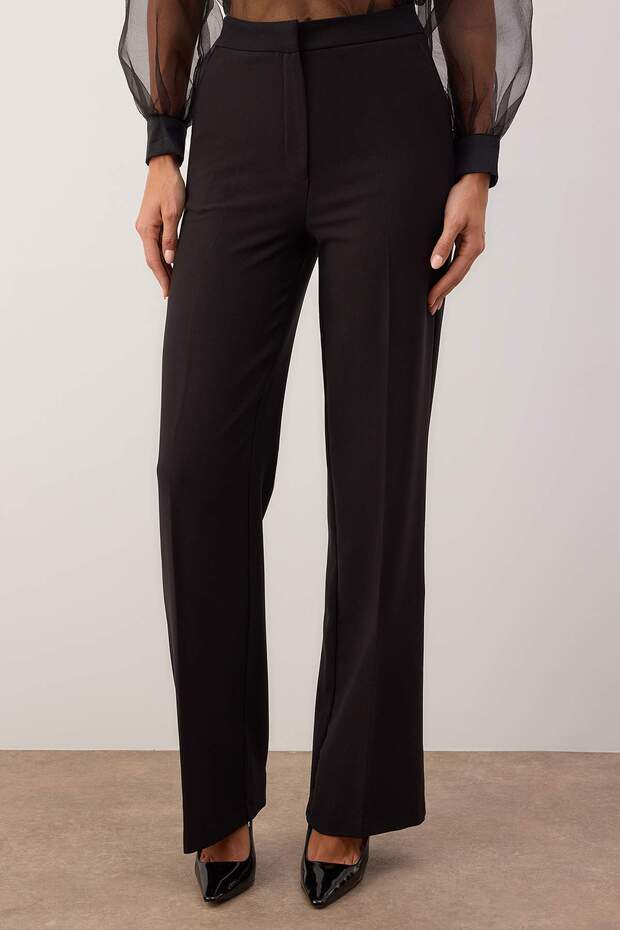 Siyah Geniş Paça Dokuma Pantolon TPRAW22PL0402 - 4