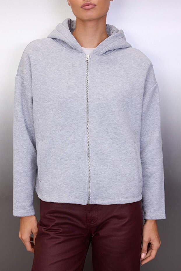 Gri Melanj Kalın İçi Polarlı Kapüşonlu Fermuarlı Oversize/Geniş Kesim Örme Sweatshirt TWOAW26SW00111 - 3
