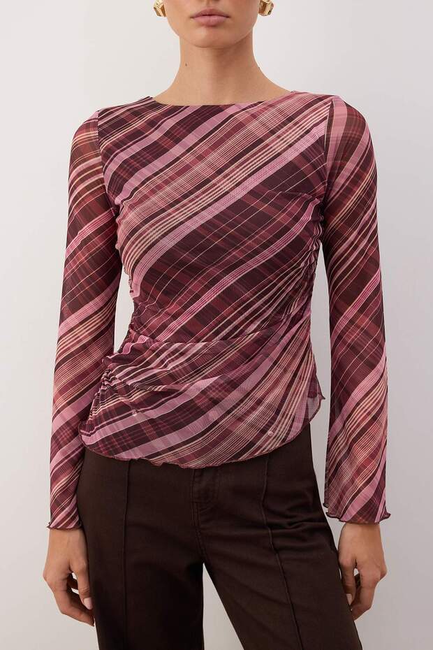 Bordo Ekoseli Kayık Yaka Asimetrik Detaylı Fitted/vücuda Oturan Örme Bluz TWOAW26BZ00128 - 3