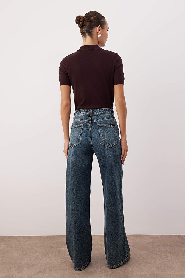 Koyu Mavi Yüksek Bel Wide Leg Palazzo Jeans TWOAW26JE00251 - 4