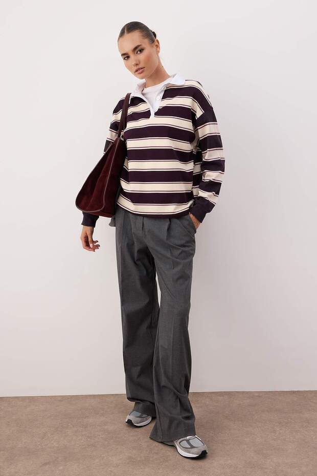 Çok Renkli Çizigli Polo Yaka Oversize/Geniş Kalıp Örme Sweatshirt TWOAW26SW00245 - 2
