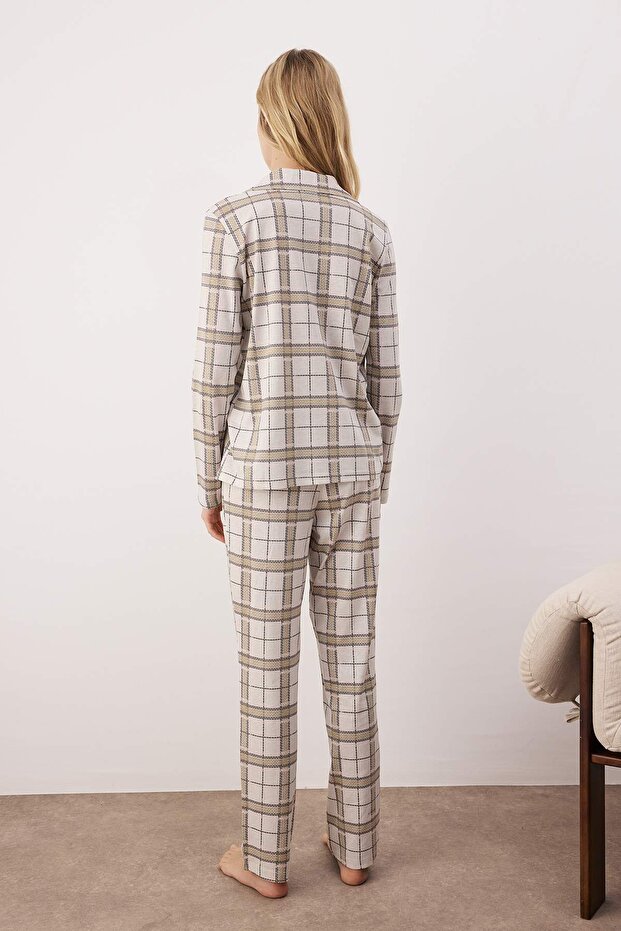 Beżowy komplet piżamowy w kratkę, dzianina 100% bawełna - THMAW20PT0266 - 4