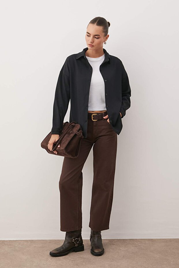 Siyah Selanik Polo Yaka Düğmeli Oversize Gömlek TWOAW26GO00117 - 2