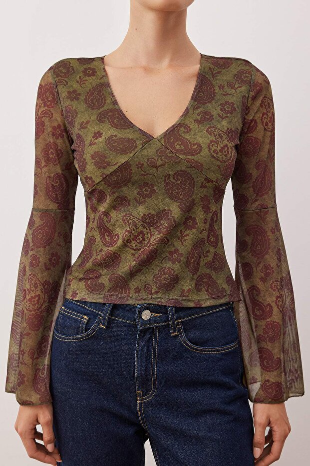 Kahverengi Boho/Boho Chic Baskılı V yaka İspanyol Kol Tül Esnek Örme Bluz TWOAW26BZ00239 - 3