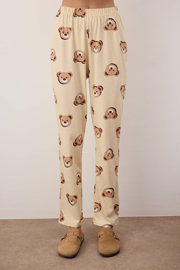 Ekru %100 Pamuklu Ayıcıklı Gömlek-Pantolon Örme Pijama Takımı THMAW24PT00002 - 3