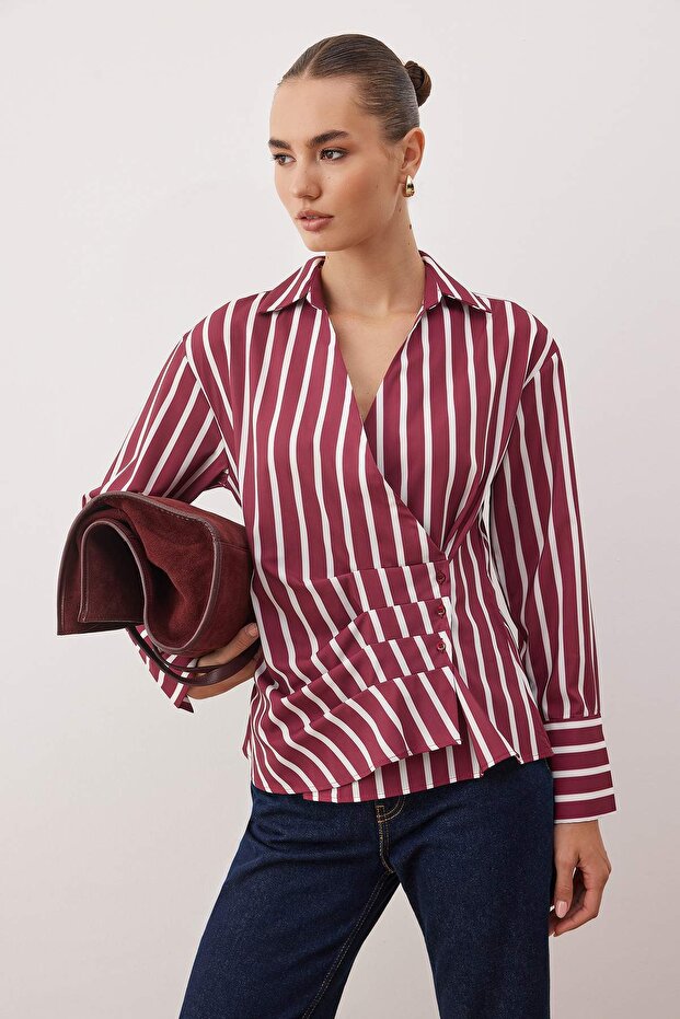 Bordo-Çok Renkli Çizgili Pili Detaylı Gömlek TWOAW26GO00125 - 1