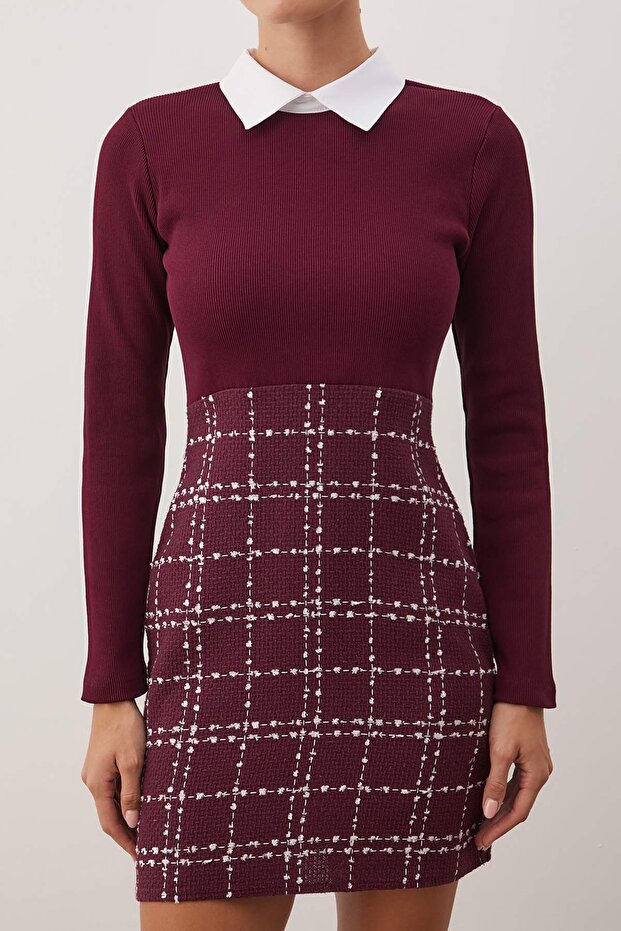 Bordo Ekose / Kareli Dokuma Elbise TWOAW21EL0454 - 3