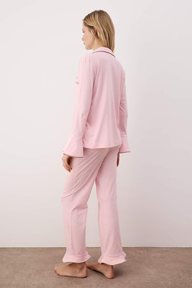 Pembe %100 Pamuklu Biyeli/Volanlı Örme Pijama Takımı THMAW26PT00161 - 4